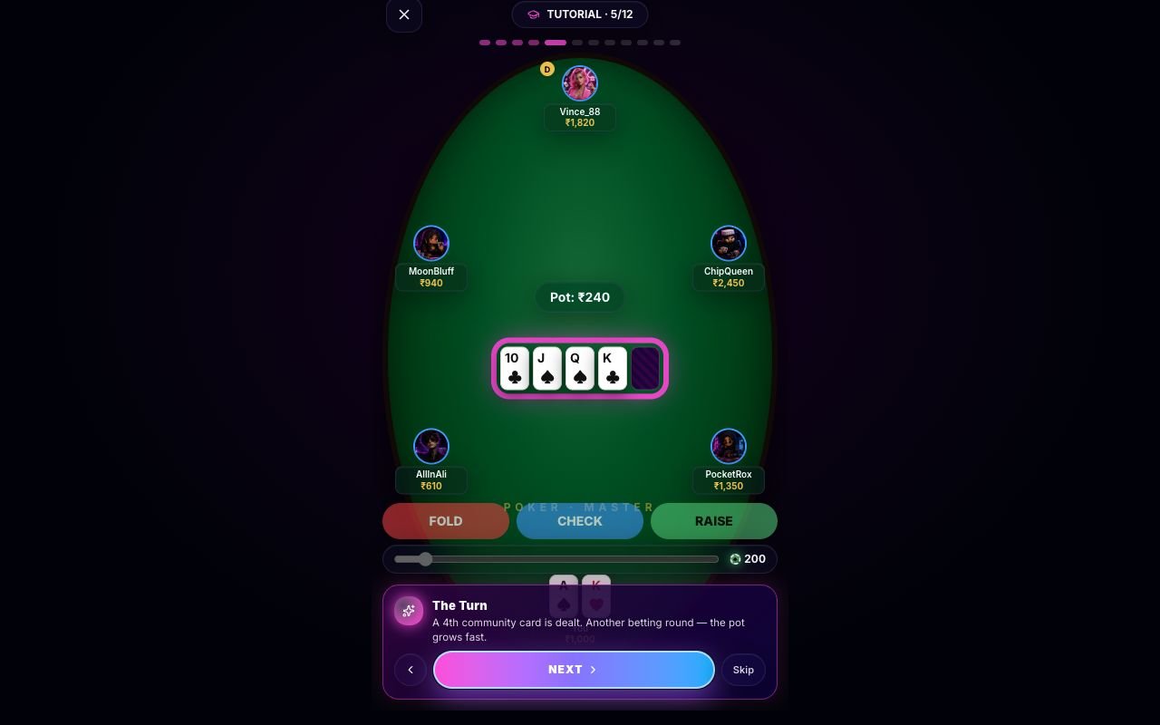 Poker KhelRoz tutorial showing community cards and a play-chip pot